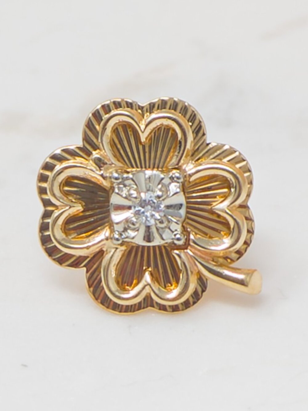14k Gold Four Leaf Clover Pin w/ Diamond, Hallmarked, 2.75g Brooch